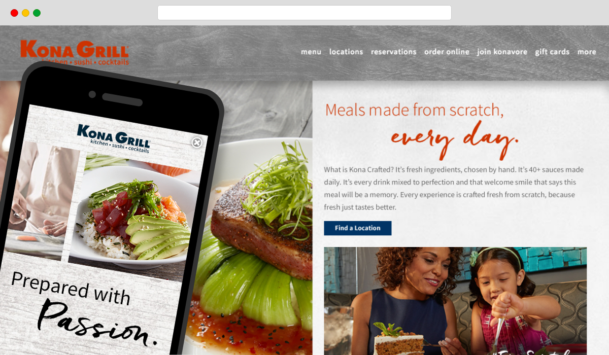 Image of Kona Grill's "Kona Crafted" campaign landing page within desktop browser and mobile phone