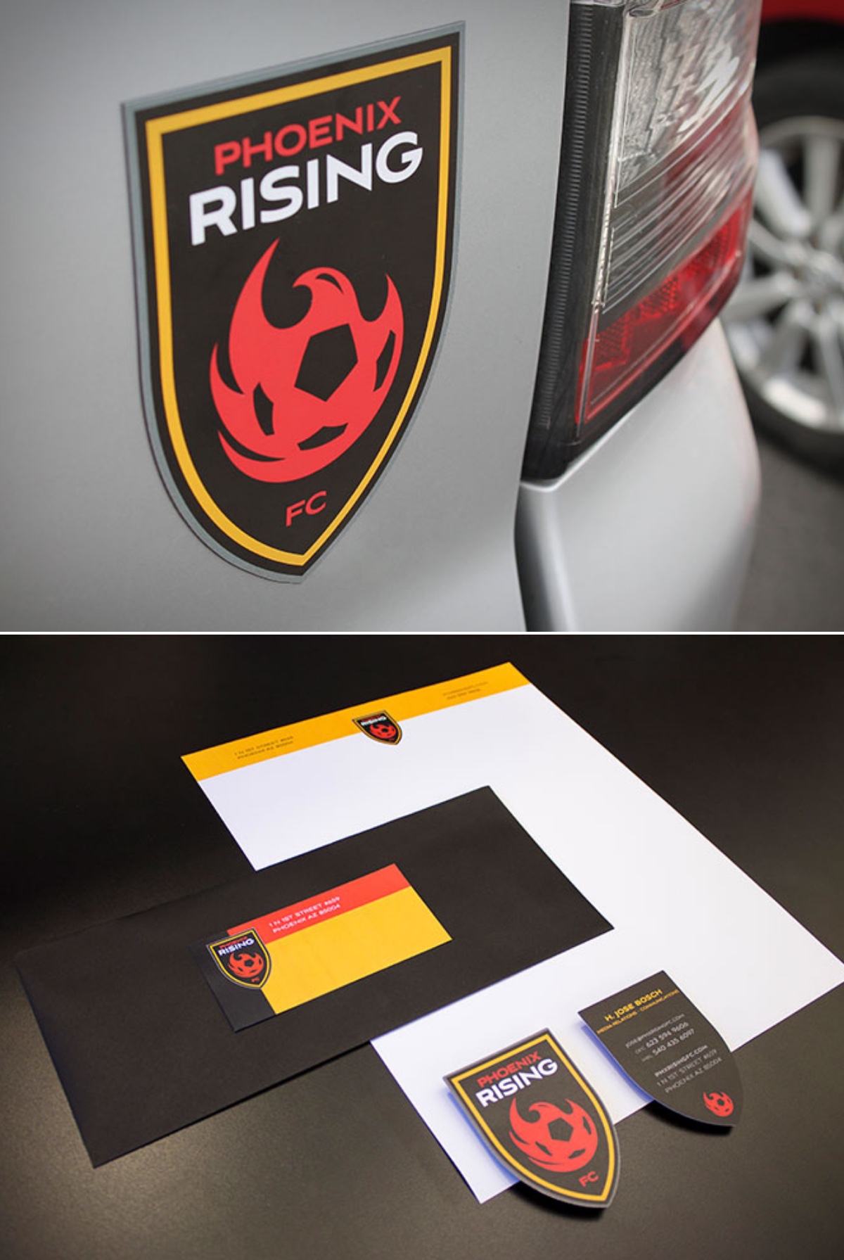 Montage of Phoenix Rising FC car magnet and identity system